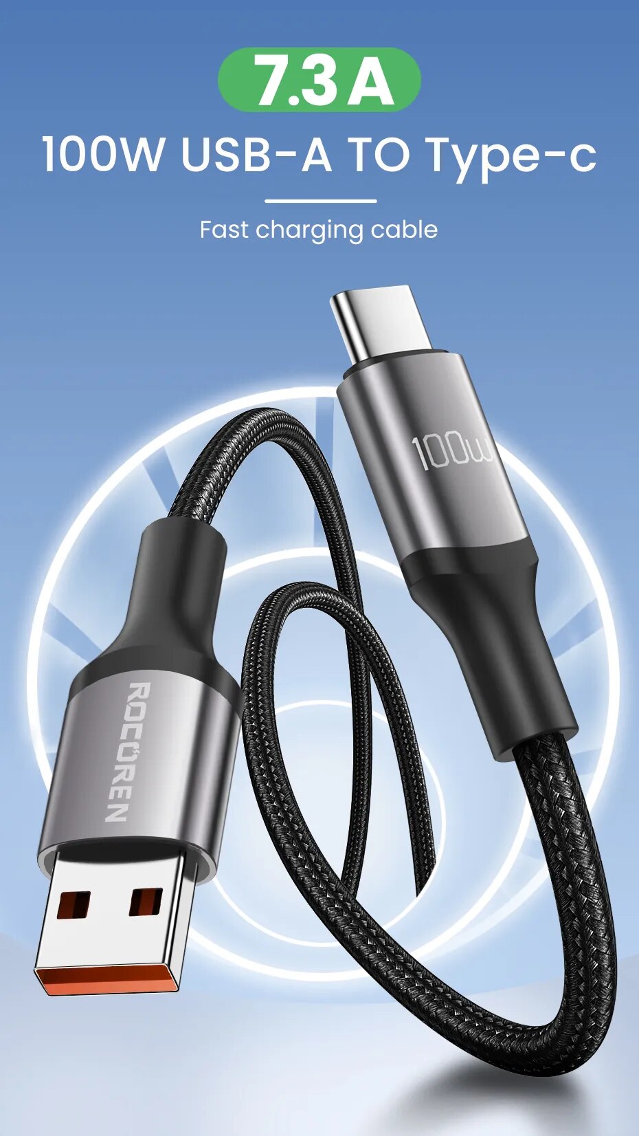 Rocoren-Cable USB tipo C para m&oacute;vil, cargador de carga r&aacute;pida de 100W, para Xiaomi Poco F4, F3, Realme, Huawei 7A, Cable de datos