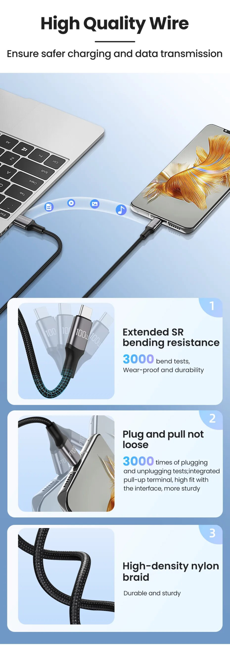 Rocoren-Cable USB tipo C para m&oacute;vil, cargador de carga r&aacute;pida de 100W, para Xiaomi Poco F4, F3, Realme, Huawei 7A, Cable de datos