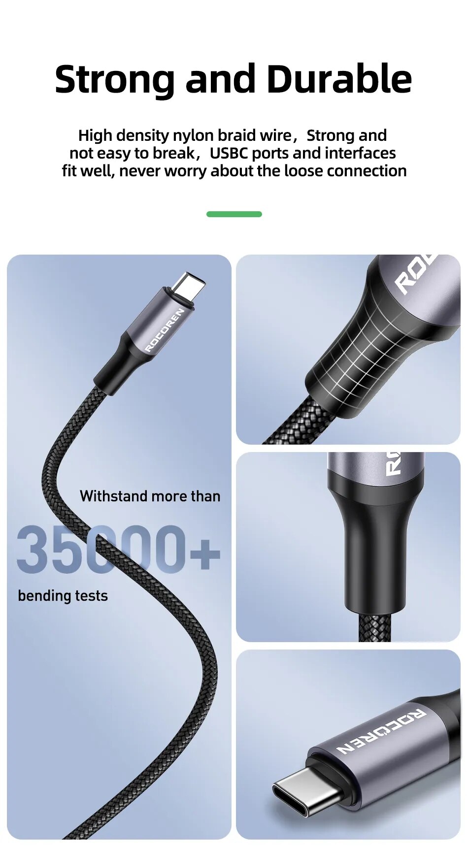 Rocoren-Cable USB tipo C a USB C, cargador de carga r&aacute;pida, 100W, USB-C, PD, para Macbook, Samsung, Xiaomi, 5A