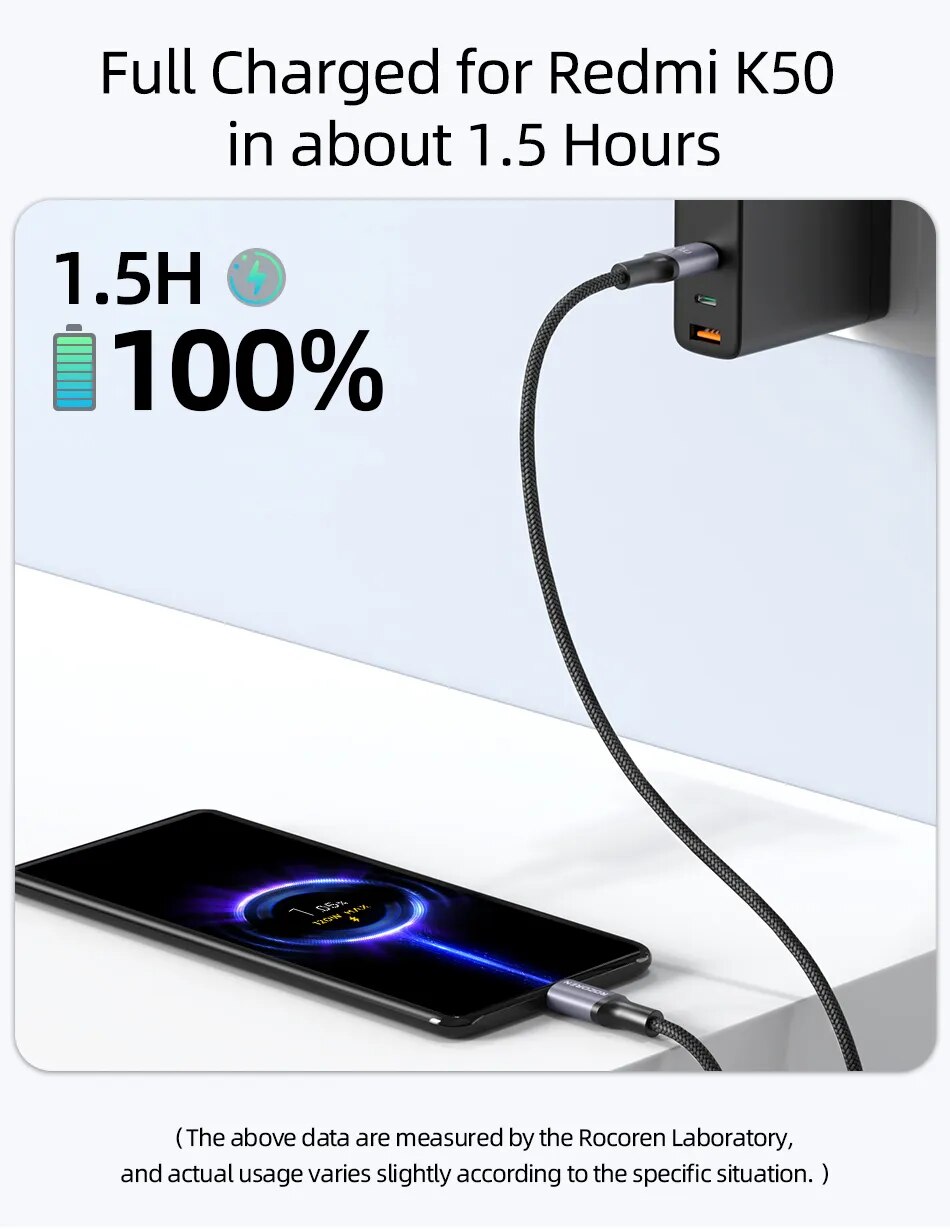 Rocoren-Cable USB tipo C a USB C, cargador de carga r&aacute;pida, 100W, USB-C, PD, para Macbook, Samsung, Xiaomi, 5A