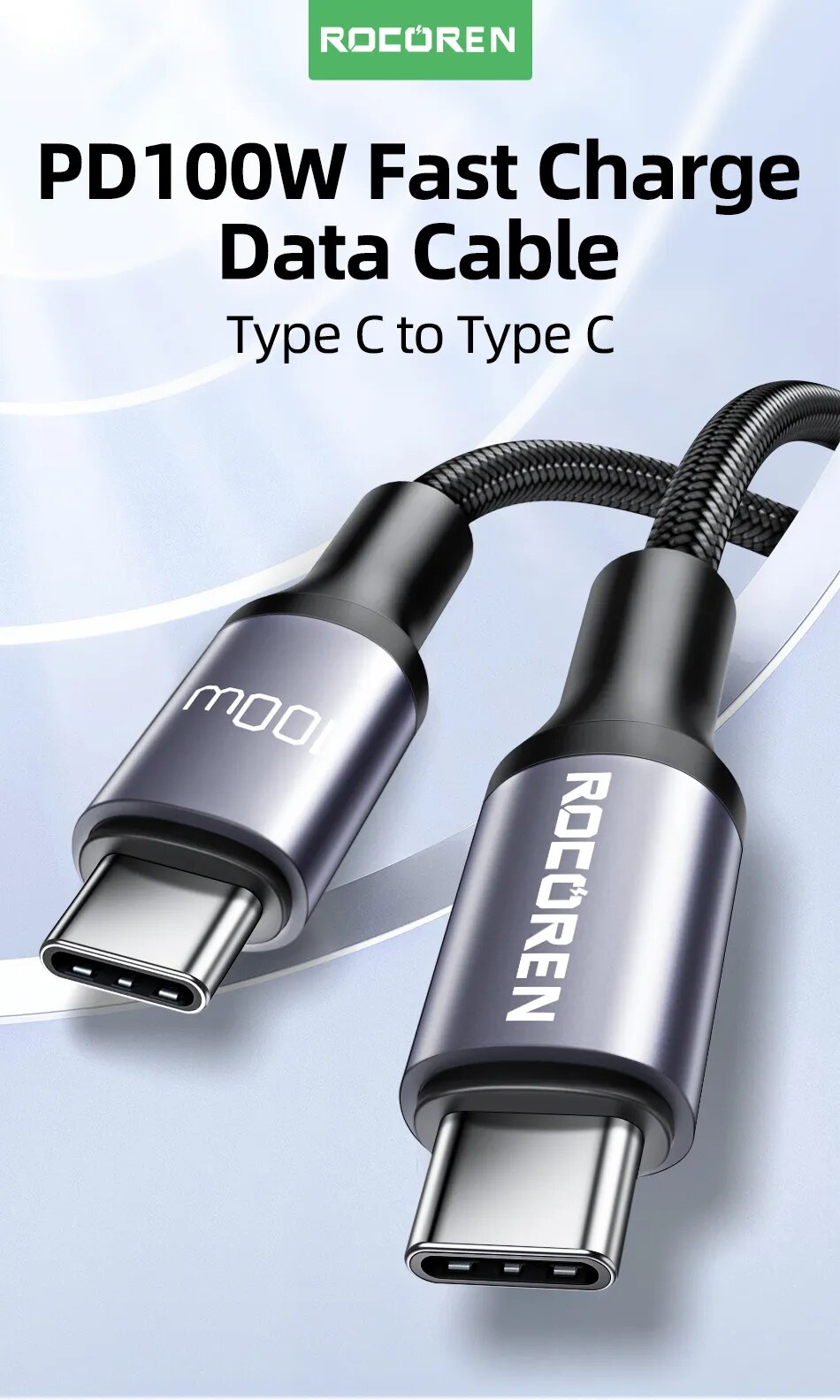 Rocoren-Cable USB tipo C a USB C, cargador de carga r&aacute;pida, 100W, USB-C, PD, para Macbook, Samsung, Xiaomi, 5A