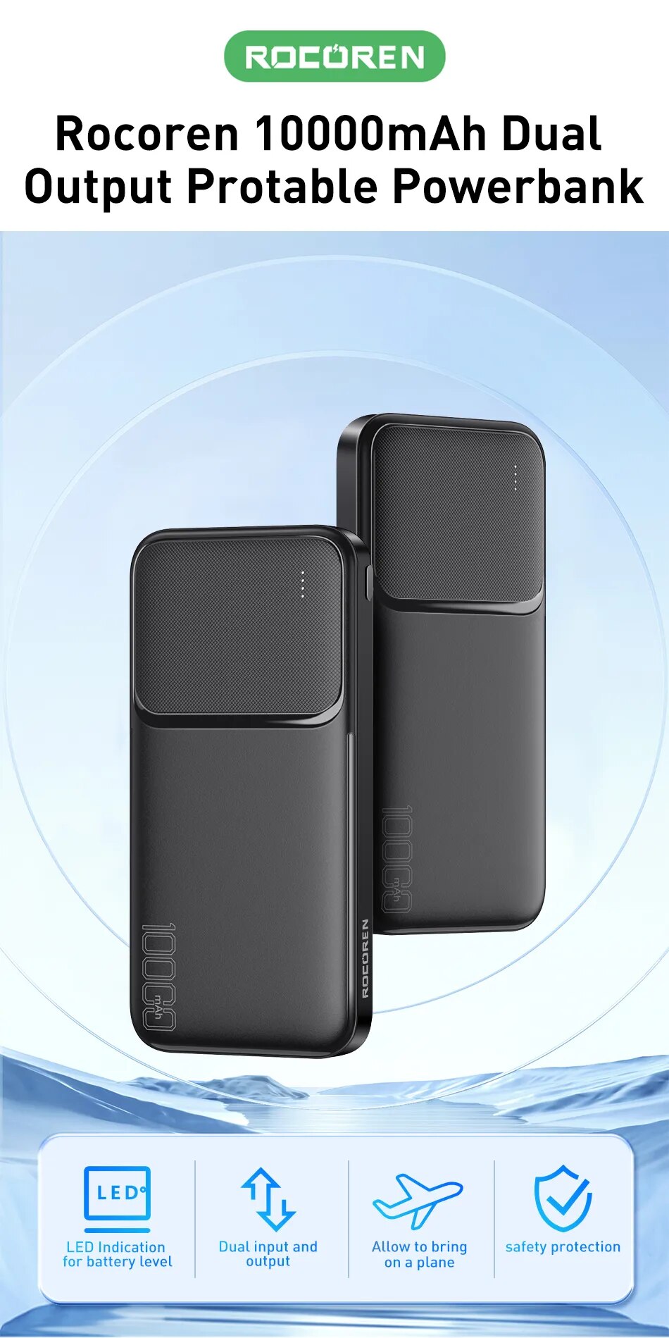 Rocoren-bater&iacute;a externa port&aacute;til de 10000mAh, Powerbank de carga r&aacute;pida 10000 para iPhone, Xiaomi mi POCO