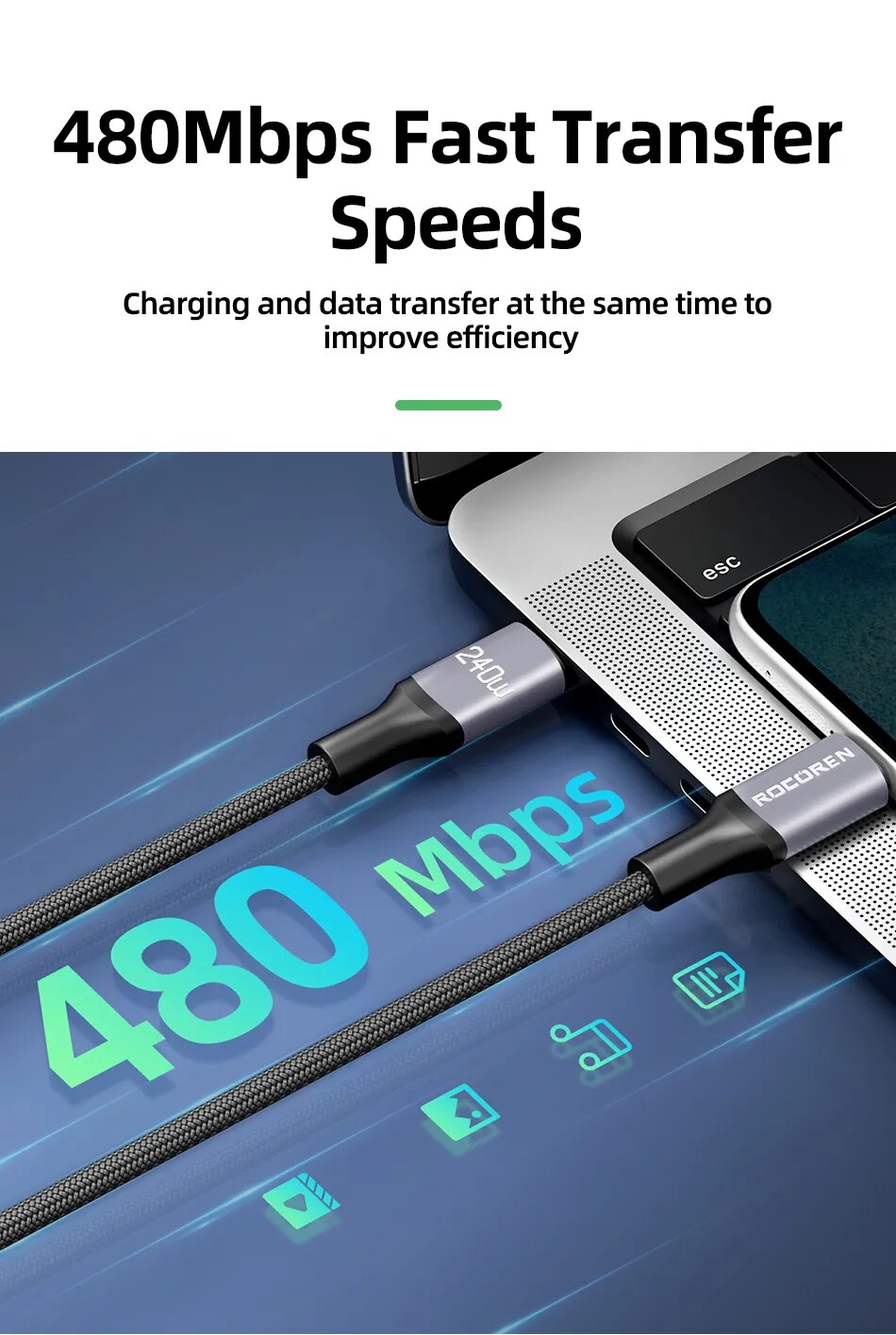 Rocoren-Cable USB tipo C a tipo C, cargador de carga r&aacute;pida, 100W, 3,1 W, USB-C, 5A, para Macbook, Samsung y Xiaomi