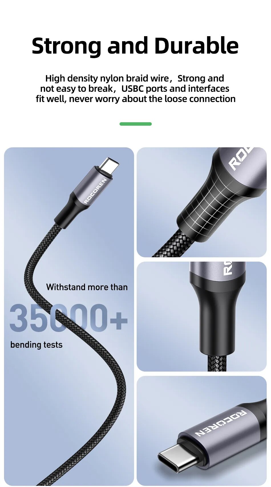 Rocoren-Cable USB tipo C a tipo C, cargador de carga r&aacute;pida, 100W, 3,1 W, USB-C, 5A, para Macbook, Samsung y Xiaomi
