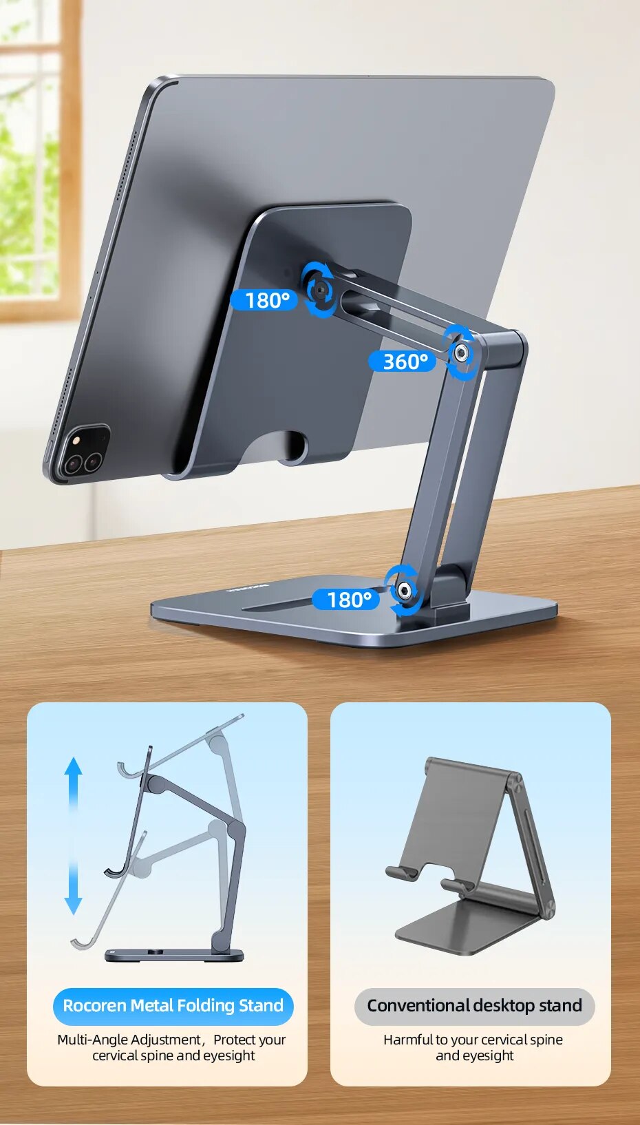 Rocoren-Soporte de escritorio para tel&eacute;fono m&oacute;vil, soporte de Metal plegable para tableta, para iPhone 14, 13, iPad Pro Air, Universal