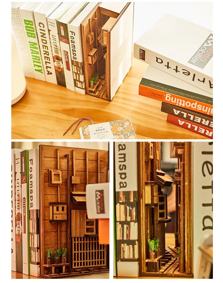 Inserciones de madera para libros, sujetalibros de arte, decoraci&oacute;n de estanter&iacute;a, soporte de estilo japon&eacute;s, Kit de construcci&oacute;n de modelos para el hogar