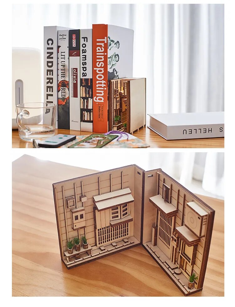 Inserciones de madera para libros, sujetalibros de arte, decoraci&oacute;n de estanter&iacute;a, soporte de estilo japon&eacute;s, Kit de construcci&oacute;n de modelos para el hogar