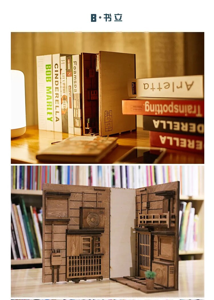Inserciones de madera para libros, sujetalibros de arte, decoraci&oacute;n de estanter&iacute;a, soporte de estilo japon&eacute;s, Kit de construcci&oacute;n de modelos para el hogar