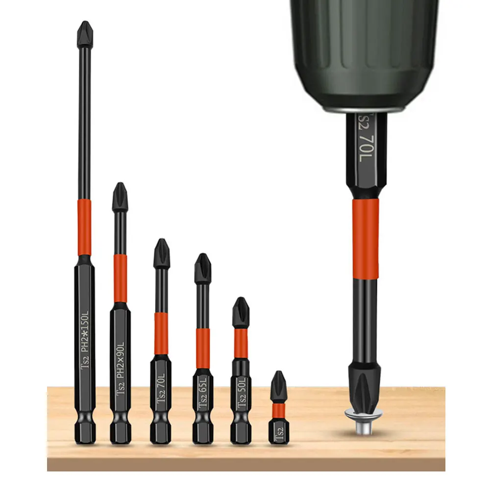 Binoax-Juego de puntas cruzadas magn&eacute;ticas PH2, destornillador de dureza con cabeza de lote de impacto Phillips, herramientas manuales, 5/6 Uds.