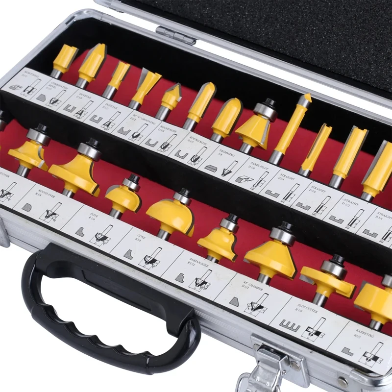 Caja de aluminio, 24 Uds., juego de brocas para enrutador de v&aacute;stago de 6,35 MM, fresa para carpinter&iacute;a empaquetada en caja de aluminio, cortador de carburo