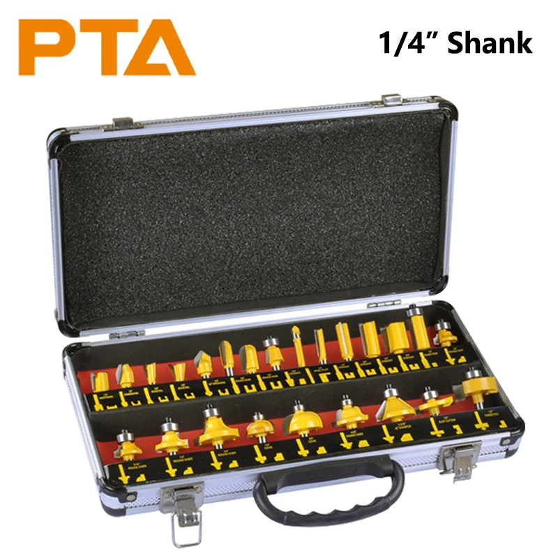 Caja de aluminio, 24 Uds., juego de brocas para enrutador de v&aacute;stago de 6,35 MM, fresa para carpinter&iacute;a empaquetada en caja de aluminio, cortador de carburo