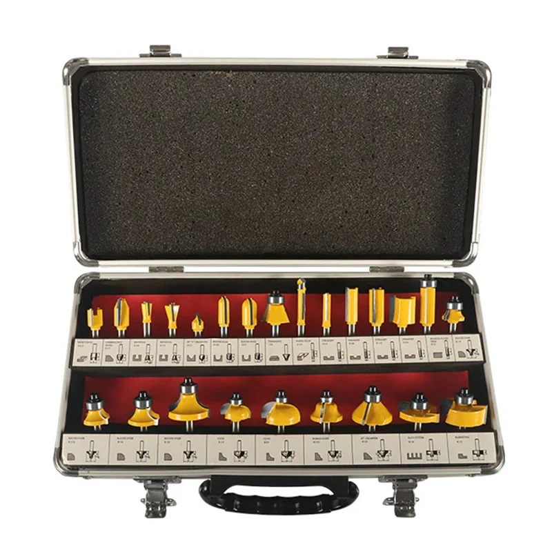 Caja de aluminio, 24 Uds., juego de brocas para enrutador de v&aacute;stago de 6,35 MM, fresa para carpinter&iacute;a empaquetada en caja de aluminio, cortador de carburo