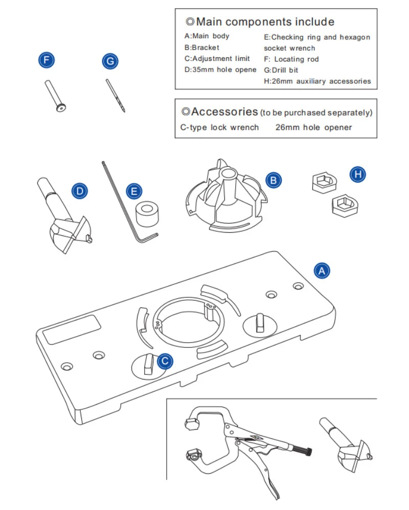 JIGHOLE-Kit de plantilla de bisagra oculta de 35mm, herramientas de carpinter&iacute;a adecuadas para instalaci&oacute;n de bisagras de puerta de armario con marco frontal