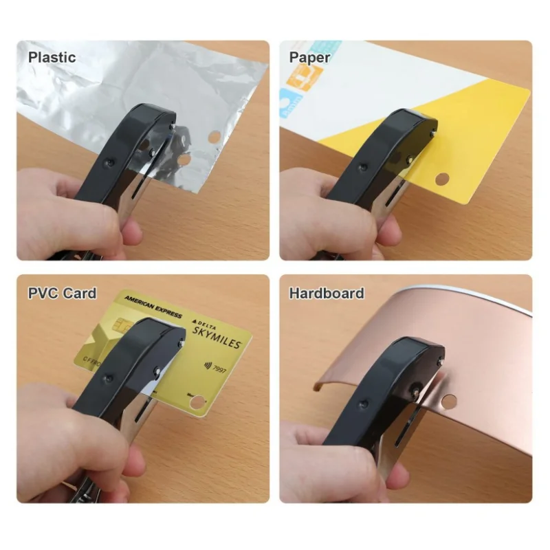 Cubiertas de tornillos, perforadora de apertura, alicates redondos, tarjeta de papel fotogr&aacute;fico de cr&eacute;dito, perforadora redonda de esquina, cortador de papel, agujero oculto