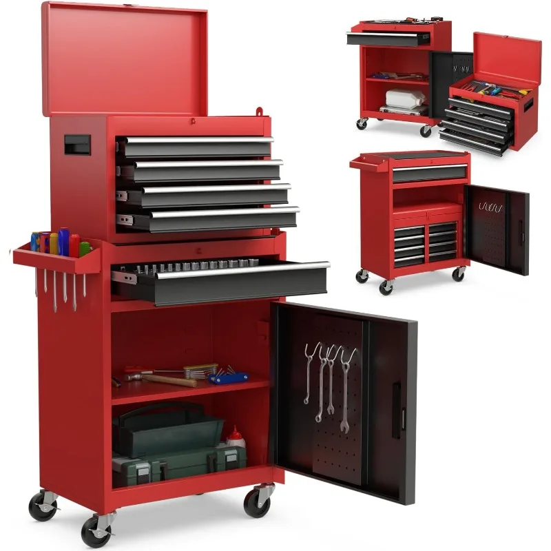 Goplus Caja de herramientas, gabinete de almacenamiento de herramientas con ruedas de 5 cajones con caja de herramientas superior desmontable, revestimiento, ruedas universales con cerradura