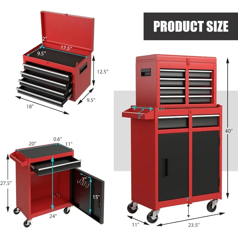 Goplus Caja de herramientas, gabinete de almacenamiento de herramientas con ruedas de 5 cajones con caja de herramientas superior desmontable, revestimiento, ruedas universales con cerradura