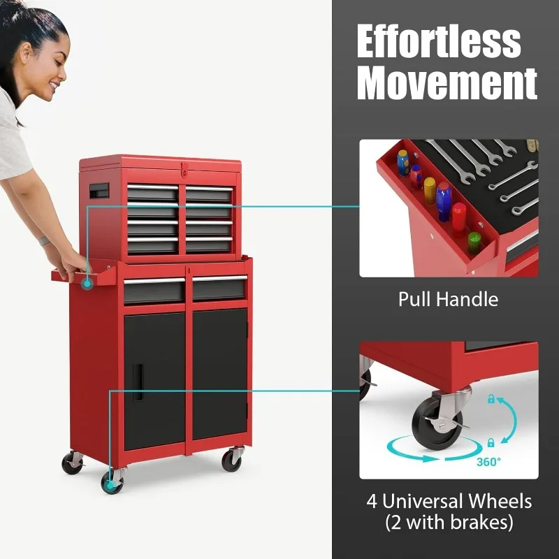 Goplus Caja de herramientas, gabinete de almacenamiento de herramientas con ruedas de 5 cajones con caja de herramientas superior desmontable, revestimiento, ruedas universales con cerradura