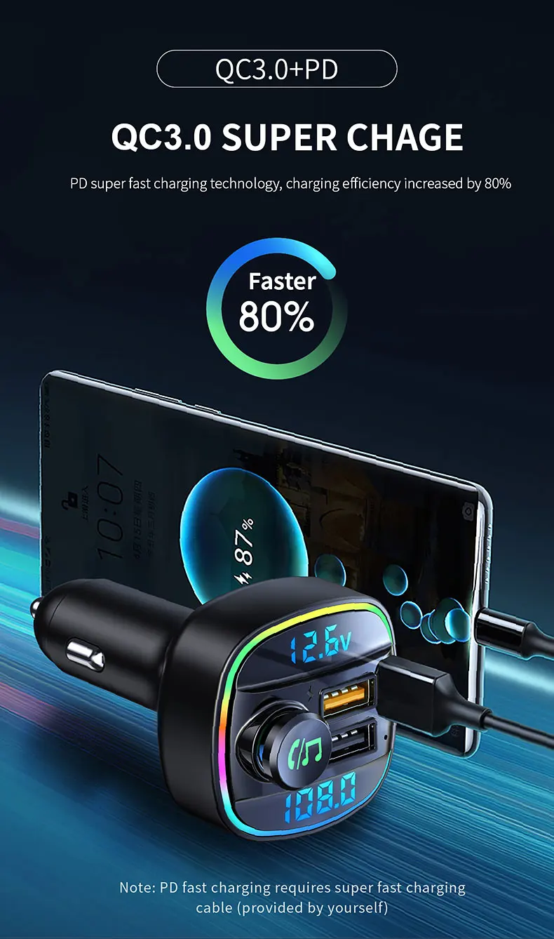 Transmisor FM Bluetooth 5,0 manos libres para coche, modulador de Radio, reproductor MP3 con USB de 22,5 W, Super adaptador de carga r&aacute;pida para coche
