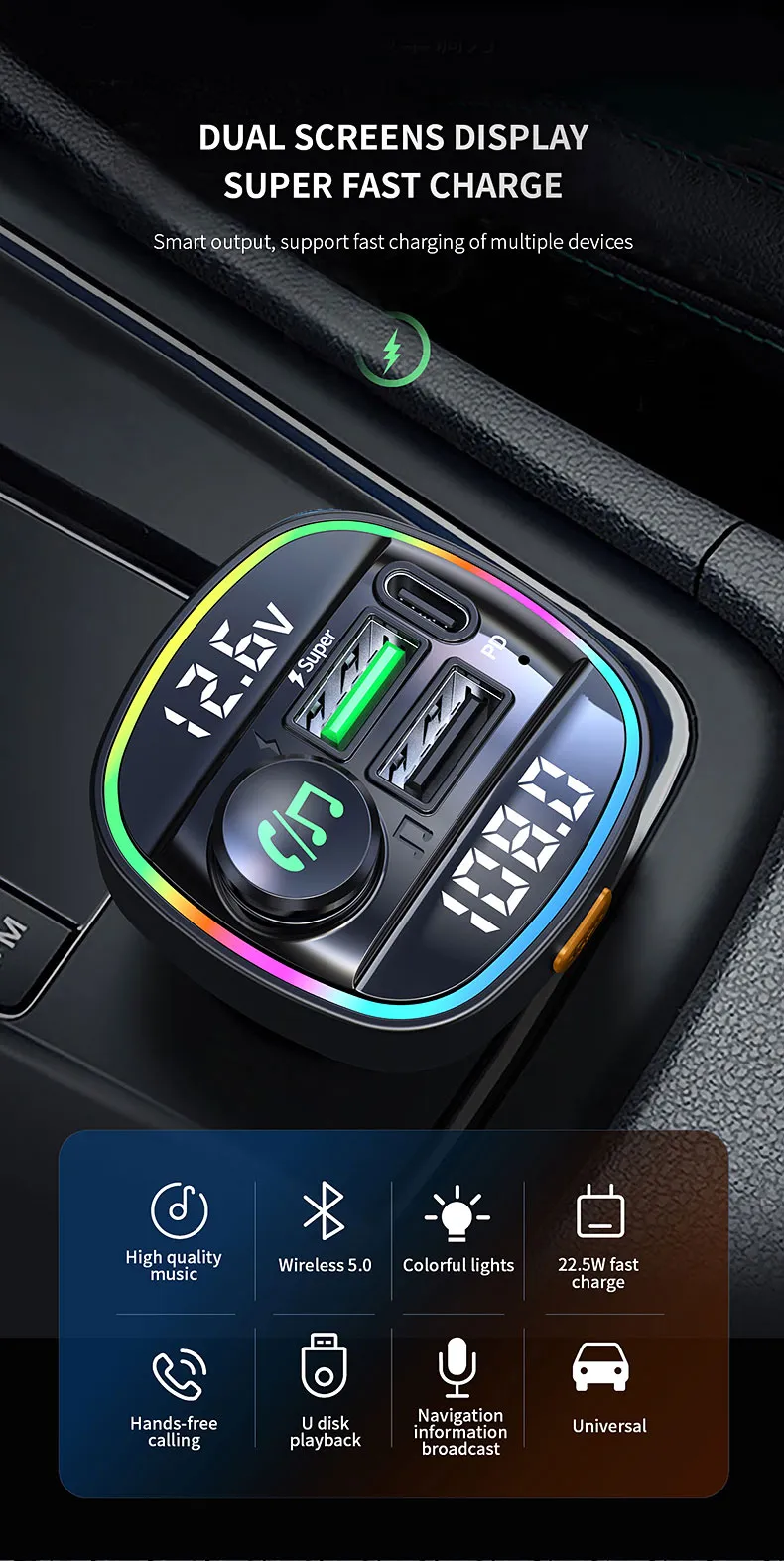 Transmisor FM Bluetooth 5,0 manos libres para coche, modulador de Radio, reproductor MP3 con USB de 22,5 W, Super adaptador de carga r&aacute;pida para coche