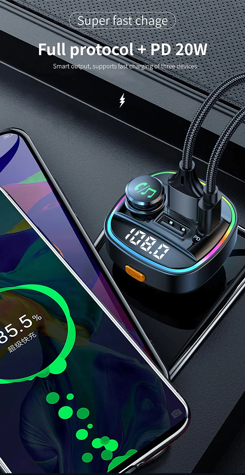 Transmisor FM Bluetooth 5,0 manos libres para coche, modulador de Radio, reproductor MP3 con USB de 22,5 W, Super adaptador de carga r&aacute;pida para coche