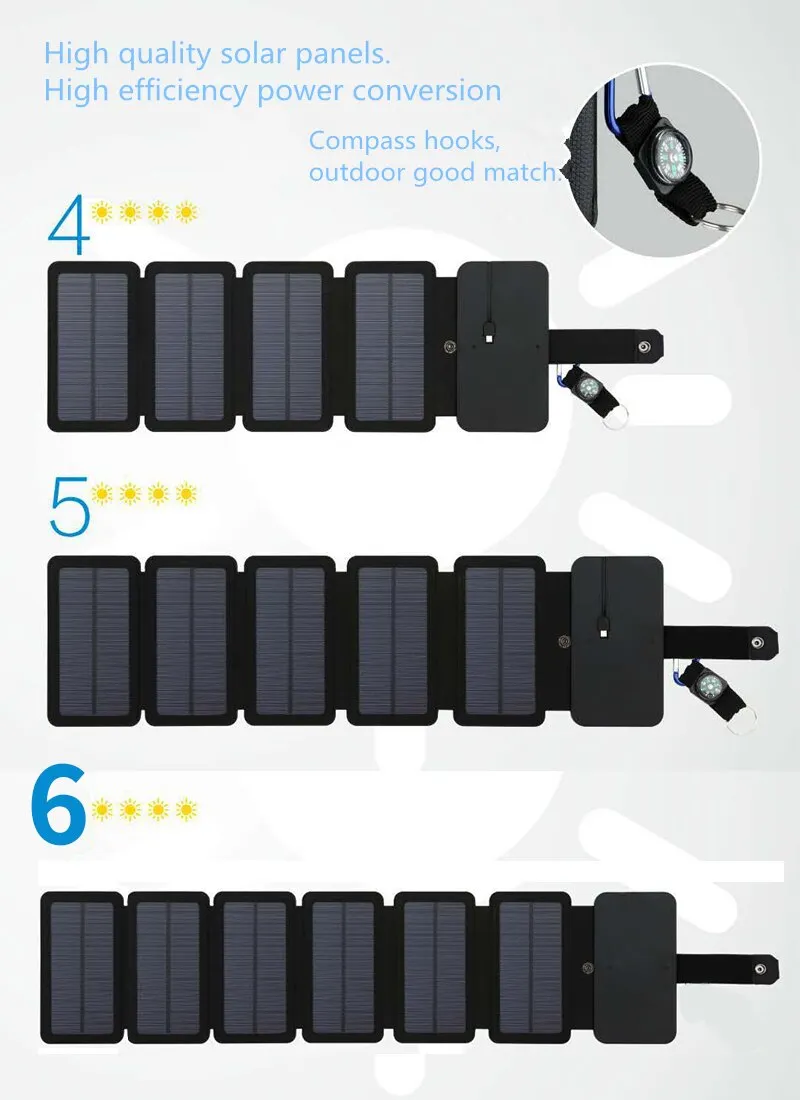 Panel de carga Solar port&aacute;til multifuncional para exteriores, dispositivo de salida USB plegable de 5V y 1a, herramienta de Camping, salida de alta potencia