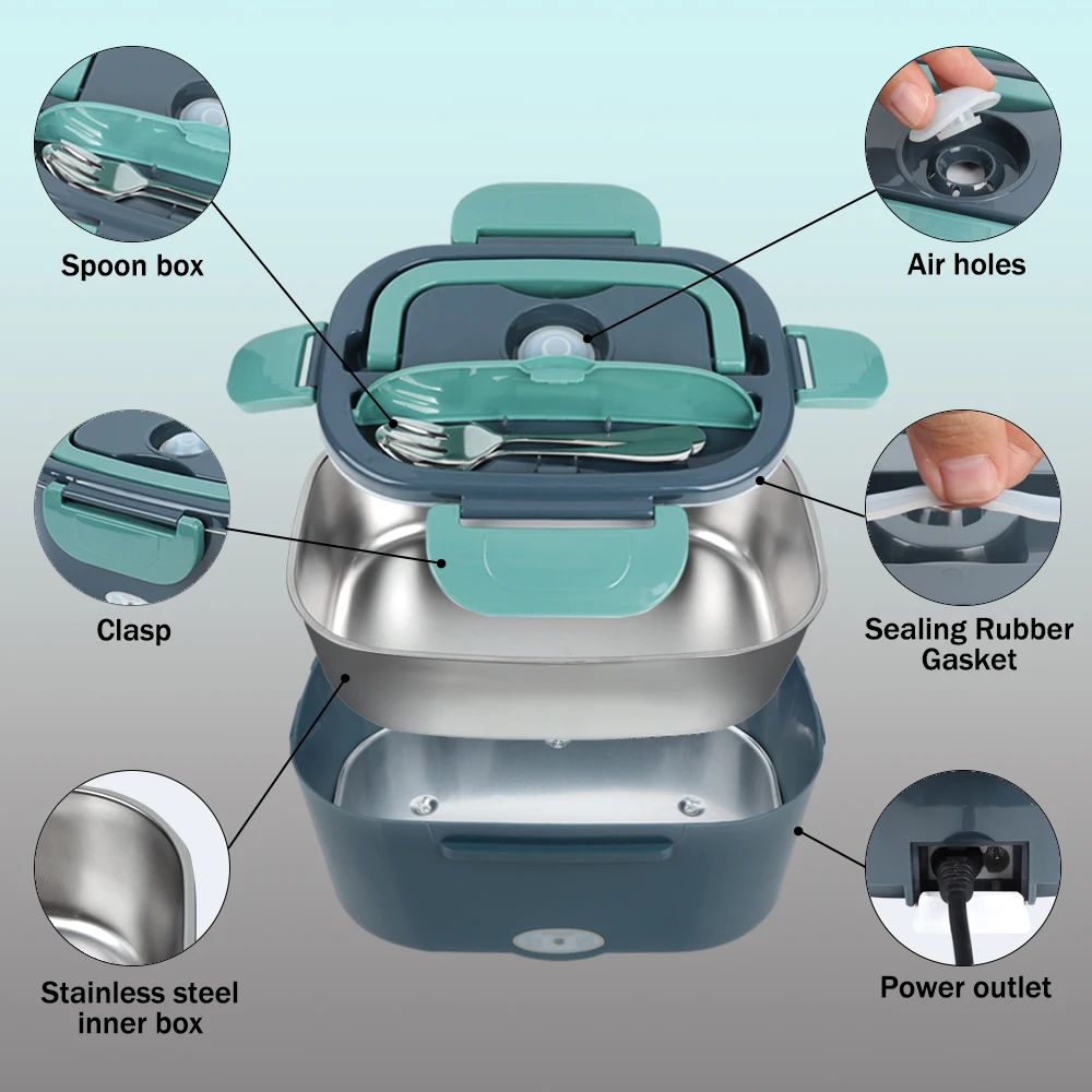 Fiambrera el&eacute;ctrica de 1,5 L y 60W, calentador de alimentos port&aacute;til para coche o hogar, a prueba de fugas, calefacci&oacute;n para el almuerzo, microondas para camioneros
