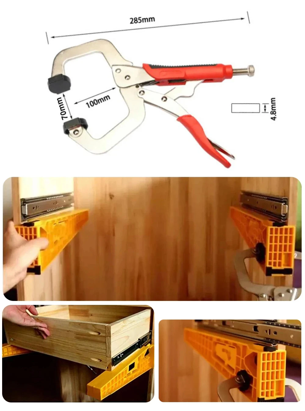 Plantilla de instalaci&oacute;n de pista de caj&oacute;n, soporte de posicionamiento auxiliar, Alicates de bloqueo, plantilla deslizante de caj&oacute;n, herramientas de carpinter&iacute;a de armario de montaje