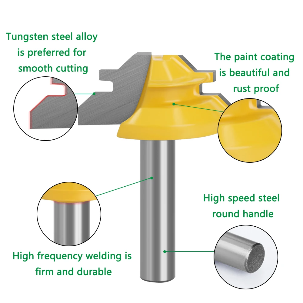 LAVIE-broca de enrutador de inglete de bloqueo de 45 grados, v&aacute;stago de 8mm, fresa de espiga, herramienta de carpinter&iacute;a para herramientas de madera, aleaci&oacute;n de carburo MC02010, 1 ud.