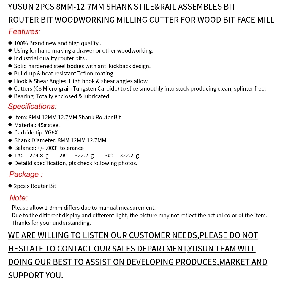 YUSUN-Conjunto de 2 piezas para herramientas de madera, brocas de fresado para carpinter&iacute;a, Stile & Rail