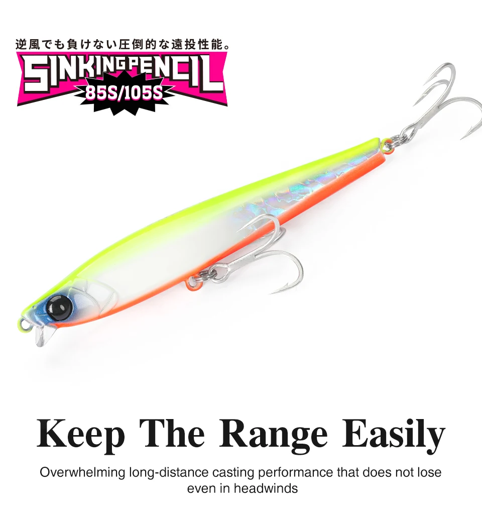 TSURINOYA-se&ntilde;uelo de pesca que se hunde, 85S, 105S, l&aacute;piz de labio corto, AIRAZOR, 85mm, 20g, 105mm, 30g, m&aacute;ximo 90m, cebos duros de fundici&oacute;n larga para agua salada