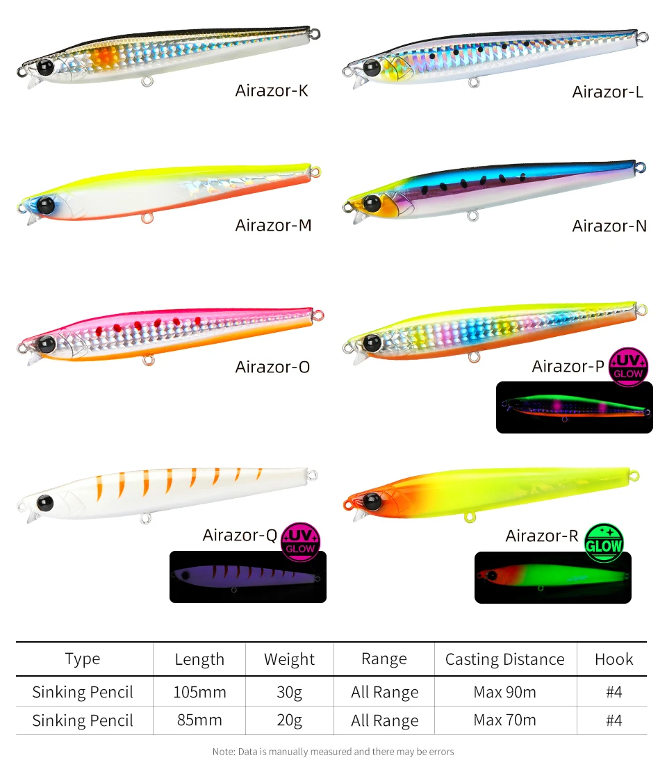 TSURINOYA-se&ntilde;uelo de pesca que se hunde, 85S, 105S, l&aacute;piz de labio corto, AIRAZOR, 85mm, 20g, 105mm, 30g, m&aacute;ximo 90m, cebos duros de fundici&oacute;n larga para agua salada