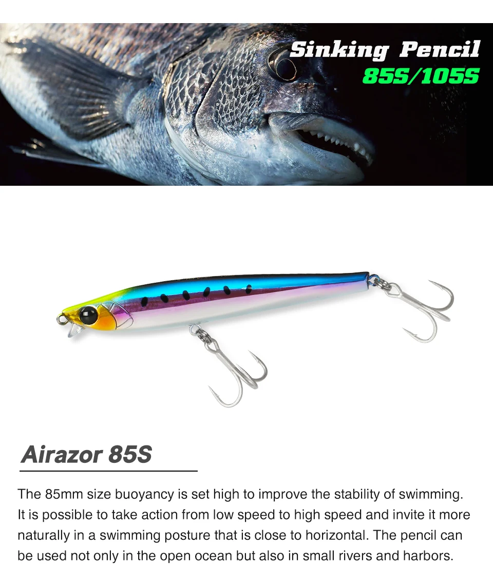 TSURINOYA-se&ntilde;uelo de pesca que se hunde, 85S, 105S, l&aacute;piz de labio corto, AIRAZOR, 85mm, 20g, 105mm, 30g, m&aacute;ximo 90m, cebos duros de fundici&oacute;n larga para agua salada